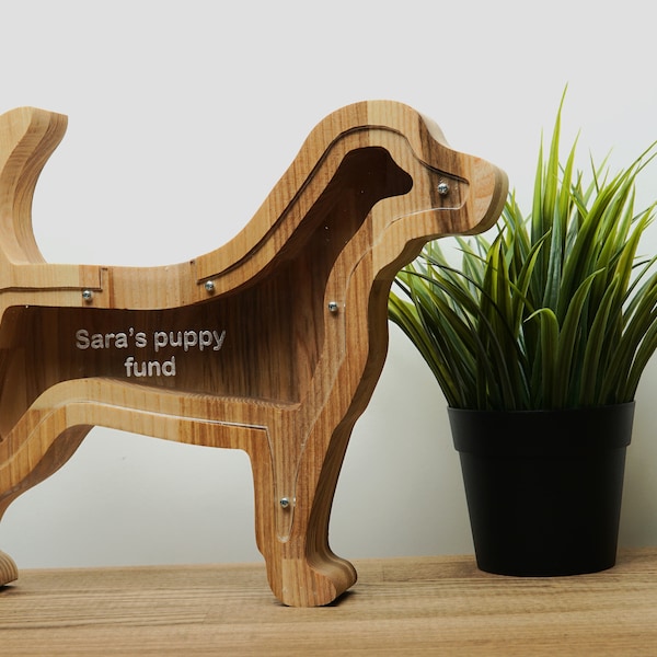 Tirelire de chien de bois naturel, cadeau unique d’amoureux des animaux, cadeau d’amoureux de chien brun chiot de tirelire en bois, cadeau unique d’enfant de boîte de fonds de pièce de monnaie de chien