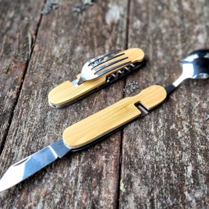 Pocket multitool, FSC wood camping tool, knife, fork, spoon, bottle opener, can opener, man gift, outdoor present, personalized multi tool
