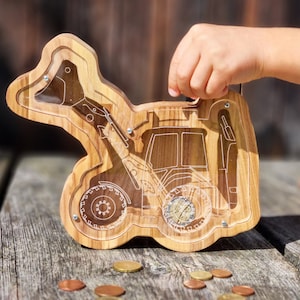 Wooden Piggy Bank Excavator Gift For Kid,  Personalized Unique Present For A Child, Natural Ecological Wood Tractor, Vehicle Money Box
