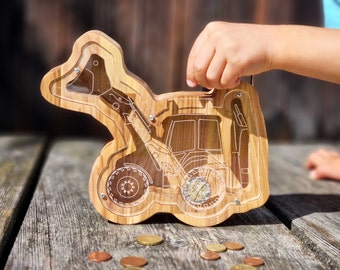 Hölzernes Sparschwein Bagger Geschenk für Kind, personalisiertes einzigartiges Geschenk für ein Kind, natürlicher ökologischer hölzerner Traktor, Fahrzeug-Spardose