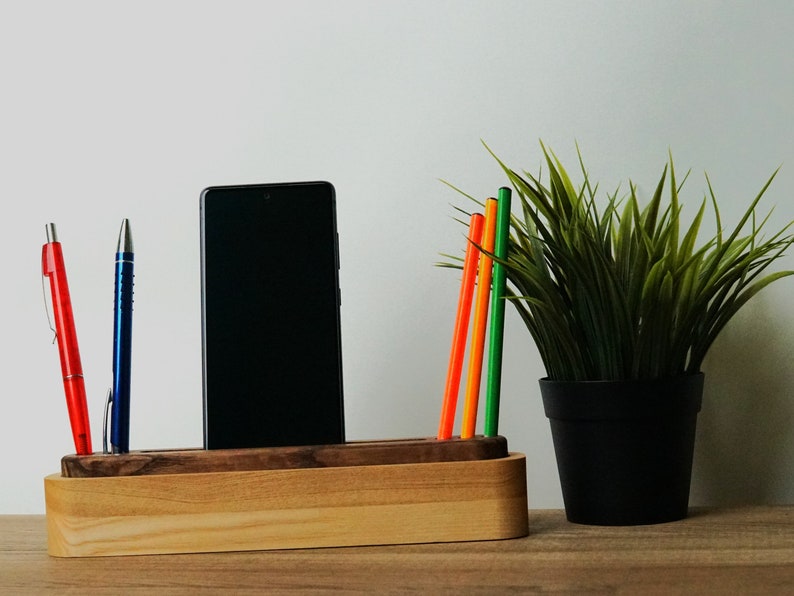 Wooden desk organizer 2 parts, long desk organizer accessory, pen organizer with phone stand, pencil organizer with tablet stand, wood gift