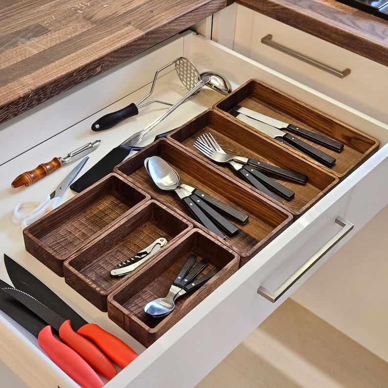 Wooden Drawer Inserts Modular, Natural Wood Kitchen Desk Drawers Insert, Organizing Boxes For Dining Room, Cutlery And Storage Tools Tray
