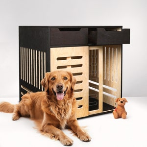 Rustic Dog Crate with Topper, Personalized Dog House with Drawers, Wooden Cage for Indoor, Puppy Bed for Big Furry Friend's