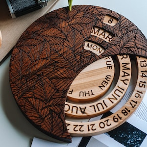 Universal Calendar Natural wood , Engraved Leaf motifs,  Wooden Calendar, Wooden Perpetual Calendar, Unique Gift, Crafted Home Decor