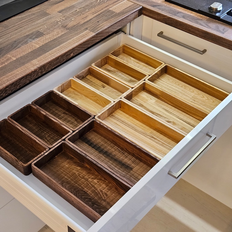 Wooden Drawer Inserts Modular, Natural Wood Kitchen Desk Drawers Insert, Organizing Boxes For Dining Room, Cutlery And Storage Tools Tray