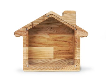 Wooden House Piggy Bank for Home Deposit, Custom Housewarming Gift for New Home Fund, Wedding Present for Couples