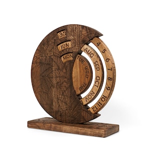 Spinning Standing Calendar, Perpetual Calendar, Wooden Calendar Natural And Brown Stained, House Decoration 2023 Calendar Brown + Brown