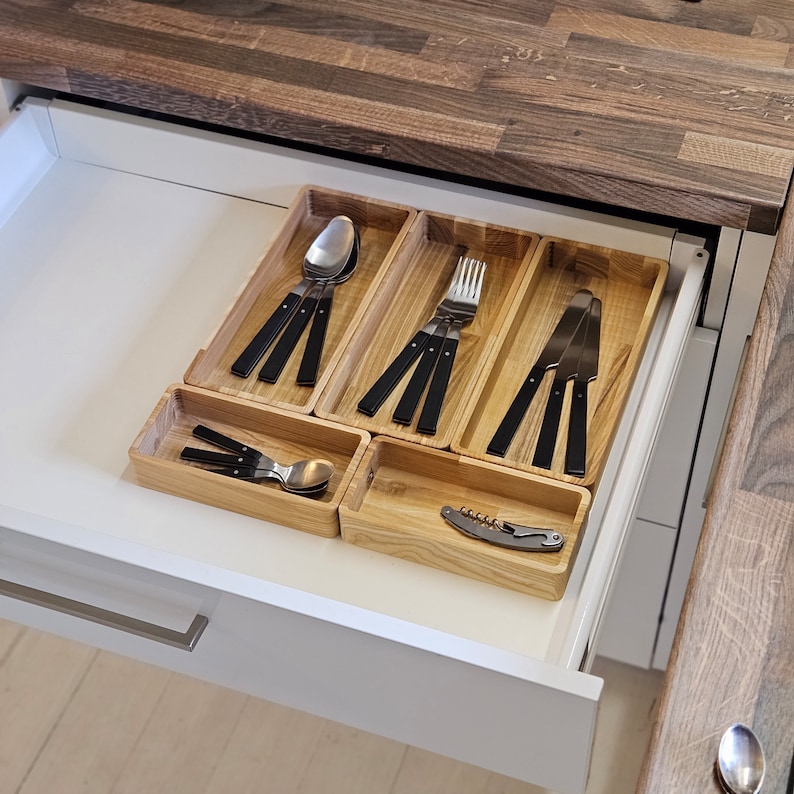 Wooden Drawer Inserts Modular, Natural Wood Kitchen Desk Drawers Insert, Organizing Boxes For Dining Room, Cutlery And Storage Tools Tray