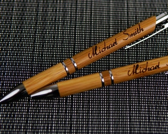 Bamboo wood pen personalized engraved, wooden ballpoint pen gift scripted with your custom text, unique wooden pen with box engraved present