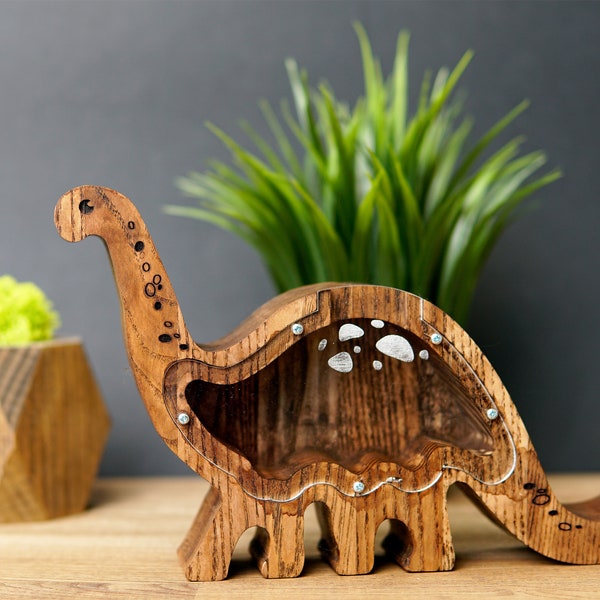 Hölzernes Sparschwein Dinosaurier 3 Farben 2 Größen, personalisiertes Dino Geschenk für Kind und Baby, Kindergarten Taufe vorhanden, Kind Jungen und Mädchen