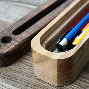 Wooden desk organizer 2 parts, long desk organizer accessory, pen organizer with phone stand, pencil organizer with tablet stand, wood gift