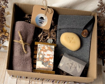 Pampering Father's Day Gift Basket - Artisan Soaps, Shampoo Bar, Soap Dish, Pouch, Towel - Thoughtful Thank You Gift Box - Self Care Package