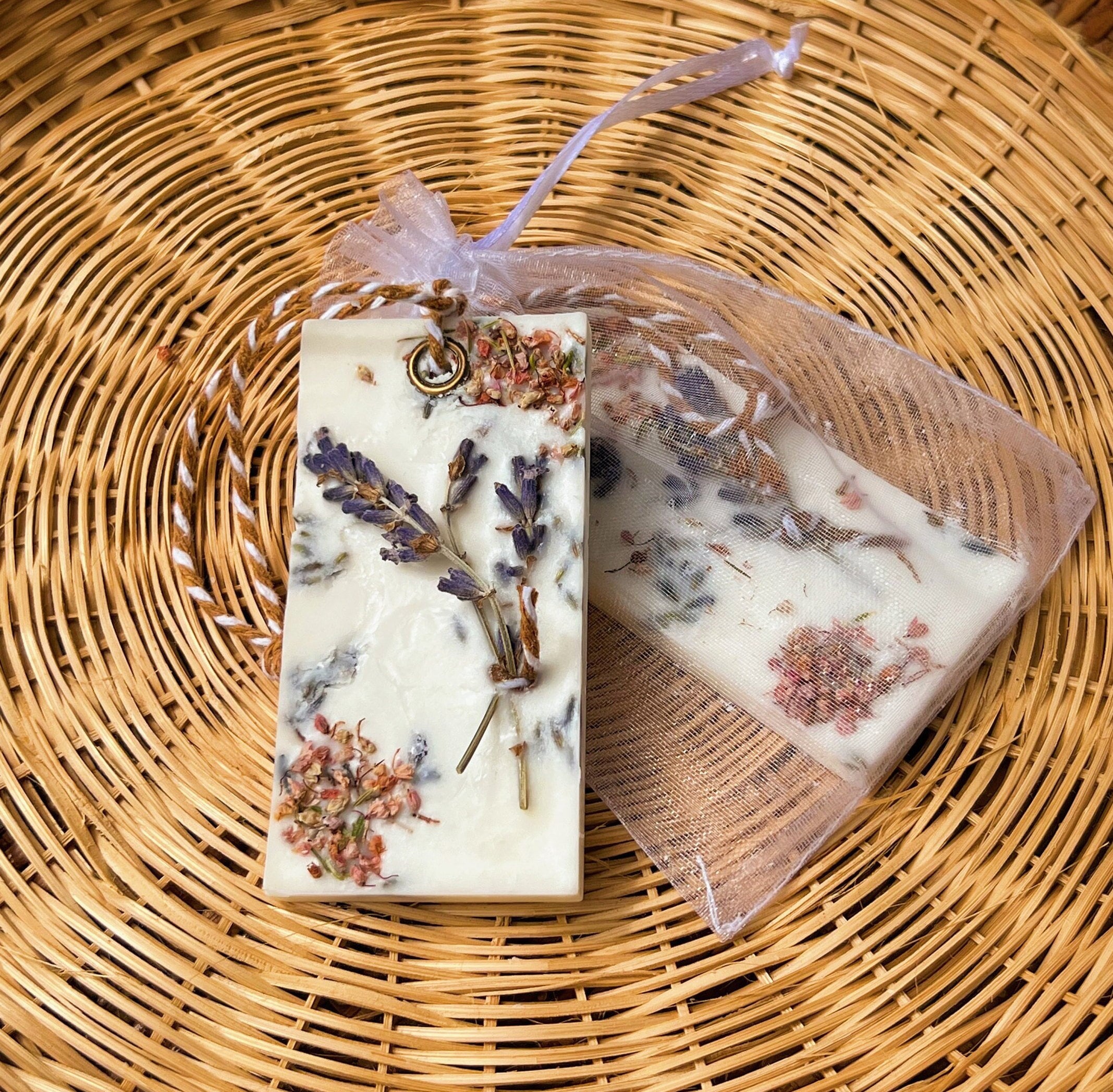 Lavender Soy Wax Tablet Freshener for Room Bathroom Closet | Unique Favors in Organza Bag, Naturally Scented Sachet, Eco-Friendly Gift Idea