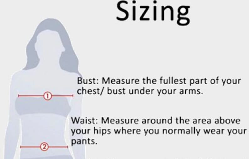 May include: An illustration showing how to measure bust and waist for sizing. The word "Sizing" is at the top. The bust measurement is taken around the fullest part of the chest, and the waist measurement is taken around the hips.