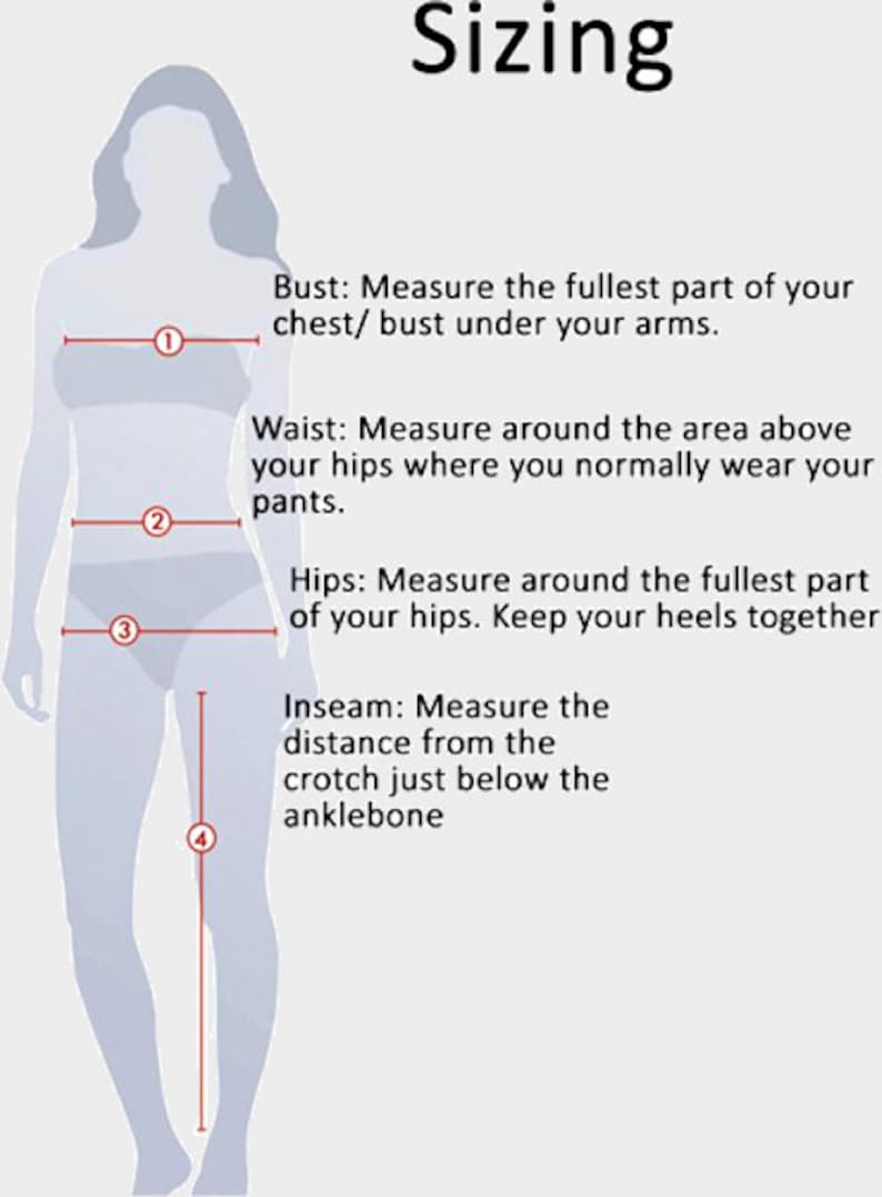 May include: Diagram showing how to measure bust, waist, hips, and inseam. The diagram shows a person standing with red lines indicating where to measure.
