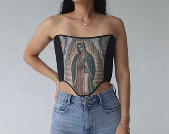 La Vierge de Guadalupe | Corset fait main | Crop top romantique à lacets | Art de style Renaissance vintage