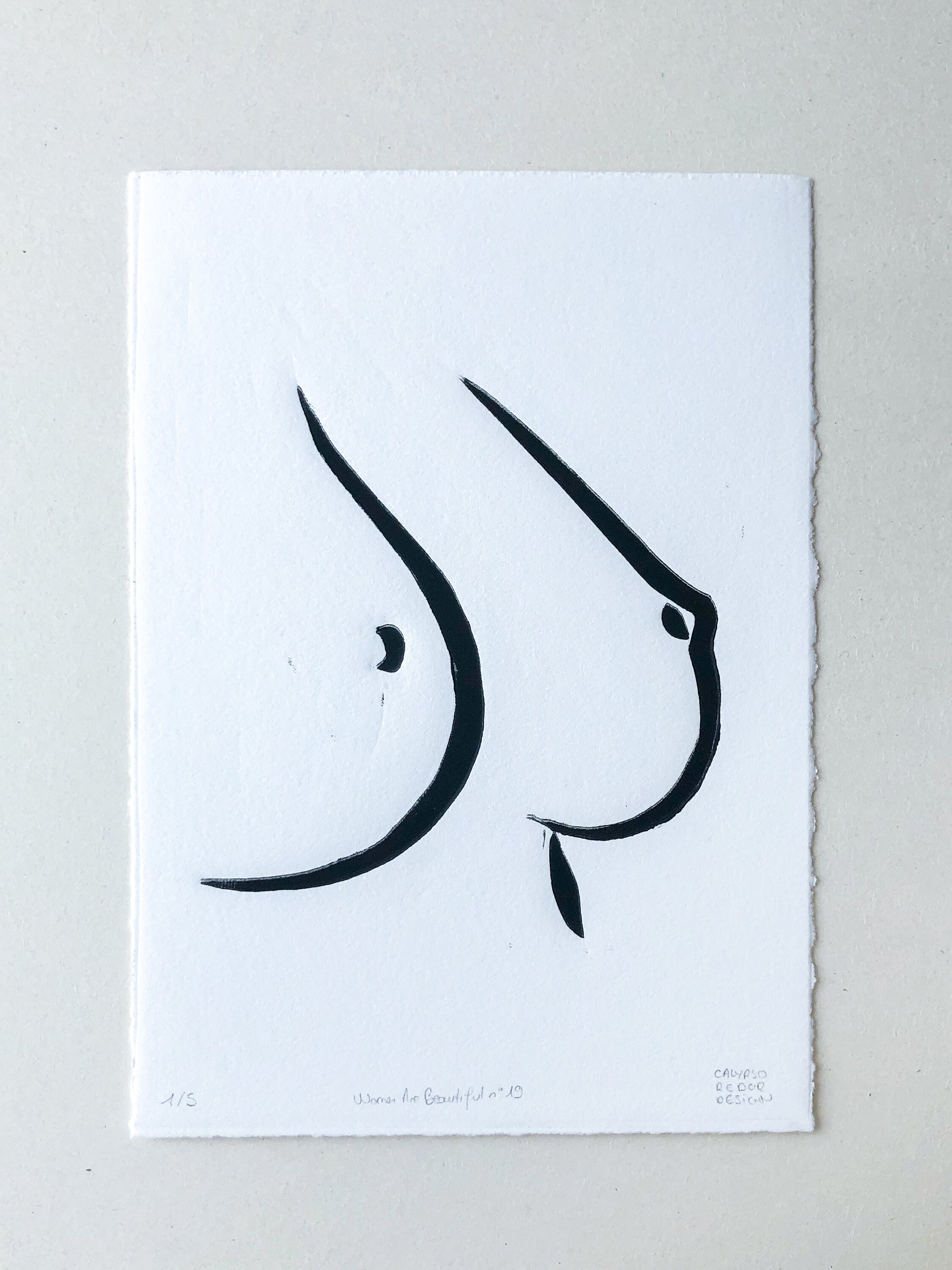 Affiche, Ventre, Femme, Noir et Blanc, Corps, Artisanal, Linogravure, Décoration, Nu, Original, Édit