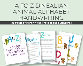 A to Z Animal D'Nealian Handwriting Practice Pages and Flashcards