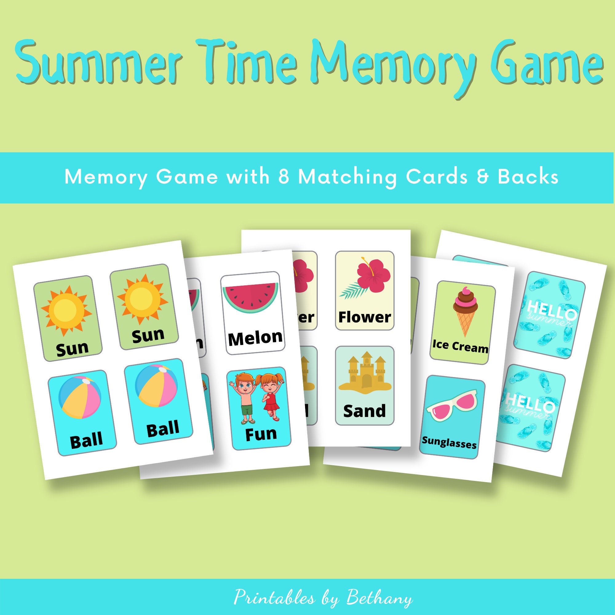 summer time memory matching card game for kids printable