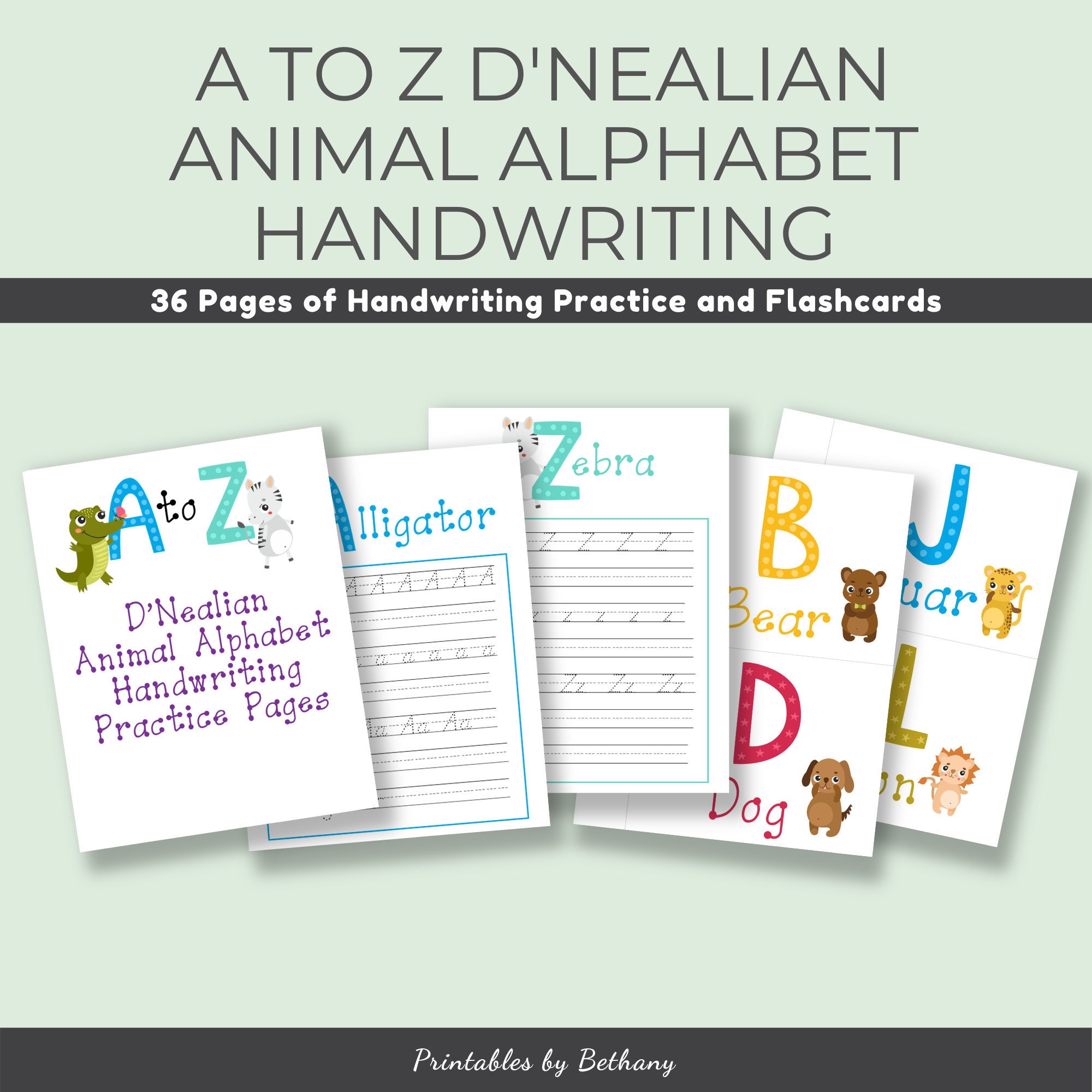 a to z animal d nealian handwriting practice pages and etsy canada