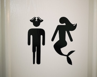 Funny Priate And Mermaid Silhouette Design Washroom Or Bathroom Door Stickers 