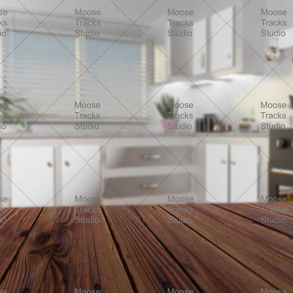 Stock Background for Product Display Kitchen Dark Wooden Table with Blinds and Plants