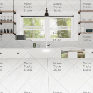 Sfondo stock per display prodotto cucina luminosa con tavolo bianco, lavandino e scaffali