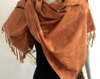 Rustic Brown Handwoven Uzbek Cotton Shawl with Fringe