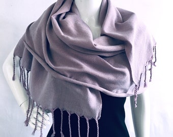 Handwoven Uzbek Cotton Pashmina Scarf, Lilac Fringe, Bridesmaid Gift