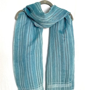 Blue Silk Organza Striped Scarf from Uzbekistan, Handmade Margilan Scarf, Women&#39;s accessories, anniversary or birthday gift, Fringed scarf