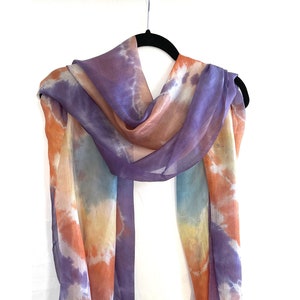 Tie-Dye Silk Scarf, Margilan Silk, purple, orange, yellow, blue, Gift for her, Silk Fashion Scarf, the goods of Sogdia, Valentine&#39;s Gift