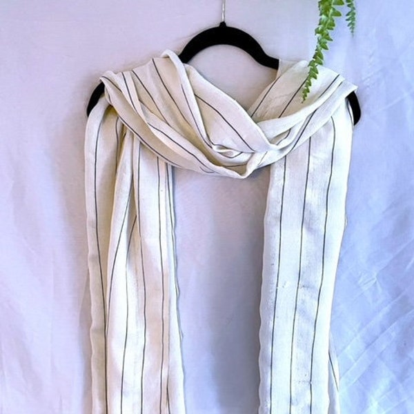 White and Navy Striped Silk and Cotton Fringed Uzbek Shawl, Handwoven Shawl, Cruise Scarf, Margilan Silk, Men and Women Gift, TGOS