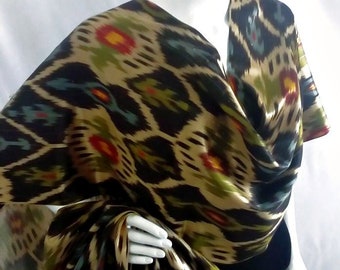 Patterned Silk Adras Fabric, 100% Handwoven Uzbek Fabric, tan, blue, red, green, Margilan silk Ikat, Designer Fabric, the goods of Sogdia