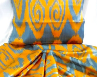 Handwoven Uzbek Silk Ikat Fabric, Gold and Blue-Gray, Designer Material