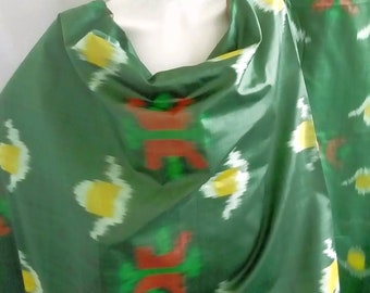 Handwoven Uzbek Ikat Silk Fabric, Muted Green, Abstract Flower