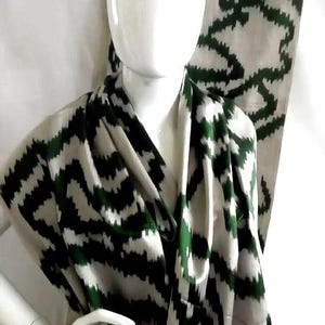 Abstract Green and Silver Silk, Rustic Adras Fabric, 100% Handwoven Uzbek Fabric, Margilan silk Ikat, Designer Fabric, the goods of Sogdia