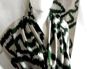 Handwoven Uzbek Silk Ikat Fabric, Green and Silver Abstract Adras