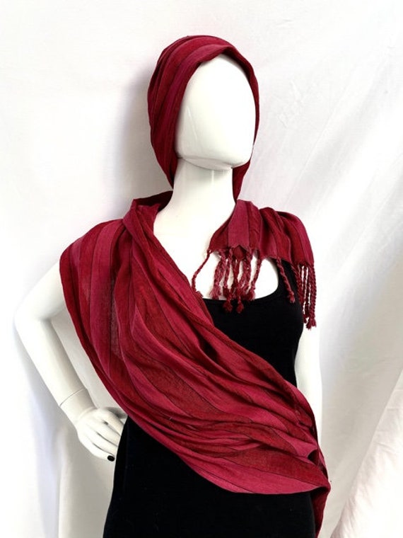 Red and Black Silk and Cotton Striped Uzbek Fringed Scarf  display picture 2