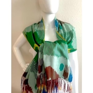 Green and Yellow Patterned Ikat Silk Scarf from Uzbekistan, Handmade Margilan Silk Scarf with fringe, Gift for Women, Anniversary Gift Silk