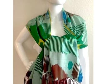 Green and Yellow Patterned Ikat Silk Scarf from Uzbekistan, Handmade Margilan Silk Scarf with fringe, Gift for Women, Anniversary Gift Silk