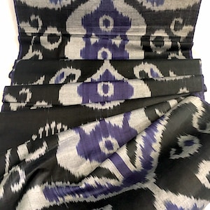 Cotton and Silk Ikat Fabric, 100% Handwoven Uzbek Fabric, blue, black, and light gray, Margilan silk, Designer Fabric, the goods of Sogdia