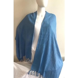 Solid Blue Silk and Cotton Fringed Rustic Scarf from Uzbekistan, Handmade Margilan Scarf, Solid color, gift for women, birthday Fall Scarf