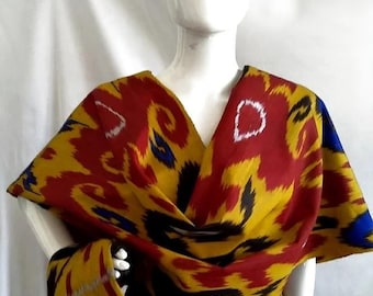 Handwoven Moiré Silk Ikat Fabric, Electric Blue, Red, Yellow, 100% Uzbek Silk