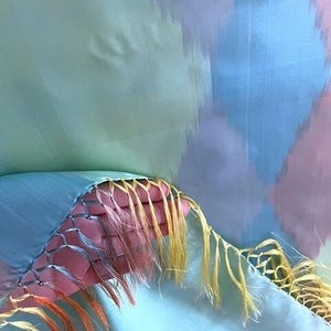 Mint Green Ikat Adras Silk Scarf from Uzbekistan, Handmade Margilan Silk Fringed Scarf, gift, Geometric Triangle Scarf, TGOS