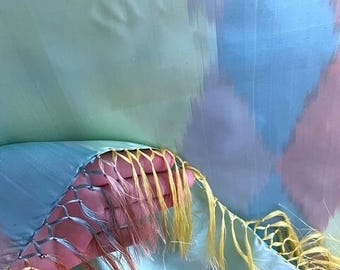 Mint Green Ikat Adras Silk Scarf from Uzbekistan, Handmade Margilan Silk Fringed Scarf, gift, Geometric Triangle Scarf, TGOS