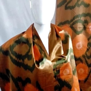 Abstract Flower Orange and Bronze Silk Adras Fabric, 100% Handwoven Uzbek Fabric, Margilan silk Ikat, Designer Fabric, the goods of Sogdia