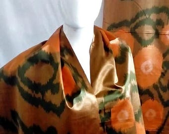 Handwoven Uzbek Silk Ikat Fabric, Orange Bronze Abstract Flower