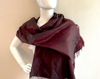 Shimmering Deep Burgundy Wine and Green Colored Silk Scarf from Uzbekistan, Handmade Scarf, Christmas gift, Women's fashion, Gifts for women