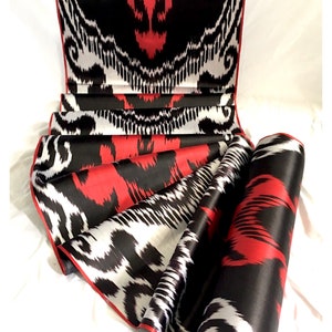 Elegant Silk Ikat Fabric, 100% Handwoven Uzbek Fabric, red, black, and silver, Margilan silk, Designer Fabric, Halloween Costume, TGOS