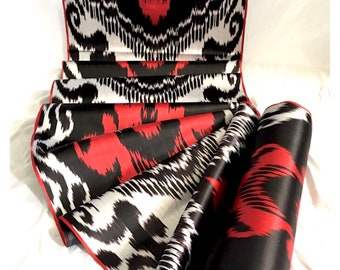 Handwoven Silk Ikat Fabric, Red Black Silver Uzbek Designer Fabric